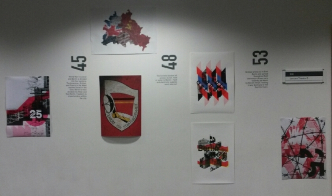 Timeline style wall display - 25th Anniversary Berlin Wall Fall exhibition, produced by students from Graphic Arts and Design and History, displayed at Leeds Beckett University. Photo © Kelly Hignett.